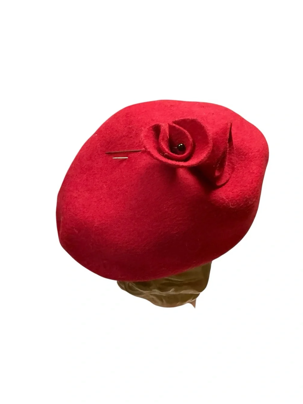 Vintage 1950s Red Wool Felt Flower Beret - Classic Women's Hat